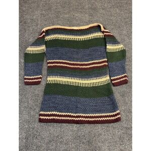 Turquoise Womens Large Striped Knit Sweater Ramie Cotton Boat Neck Green Blue L